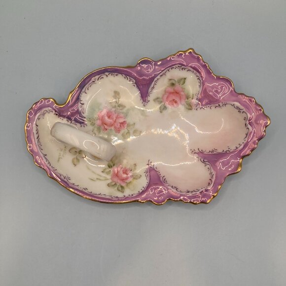 Handmade Porcelain Ceramic Dish w/Handle  Grannycore Trinket Jewelry Candy Cards - Picture 2 of 6